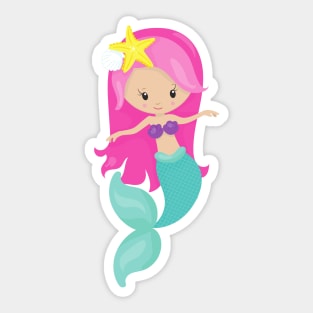 Cute Mermaid, Little Mermaid, Pink Hair, Starfish Sticker